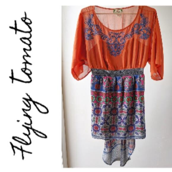 Sheer Chiffon Velvet Waist  Large Kimono Dress  Royal Blue Burnt Orange - Picture 2 of 12